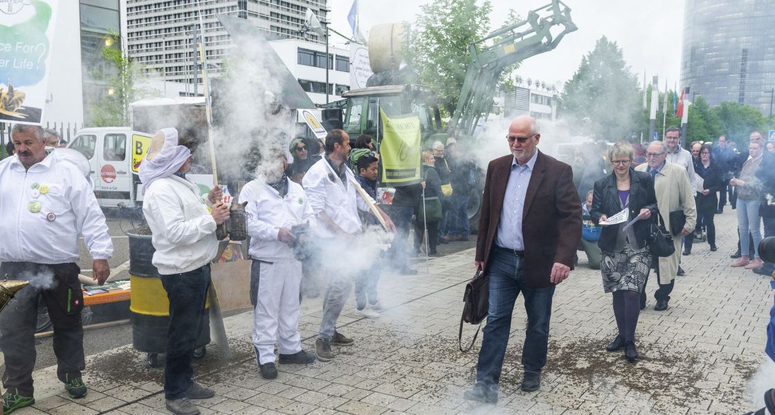 Aktionär*innen mussten auf dem Weg zur Bayer-Hauptversammlung über tote Bienen laufen. Wie viele andere Insekten werden auch diese von den Agrargiften von Bayer-Monsanto getötet. Foto: SumOfUs (CC BY 2.0)