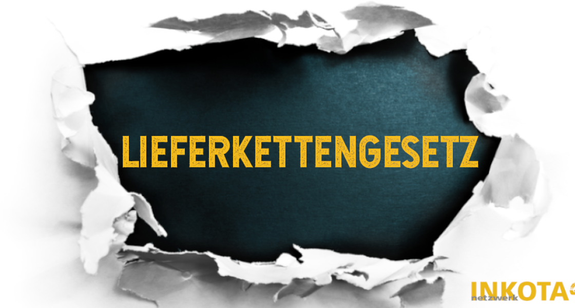 Kritik am geplanten Lieferkettengesetz eine Grafik: eine Stelle, an der das Papier aufgebrochen ist und ein dunkler Ball zu sehen ist auf dem das Wort Lieferkettengesetz steht.