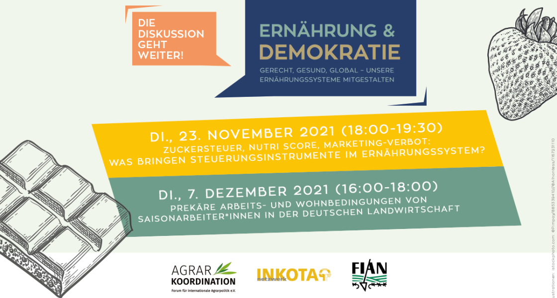 Eine bunte Einladungsgrafik mit Schokolade und Erdbeeren