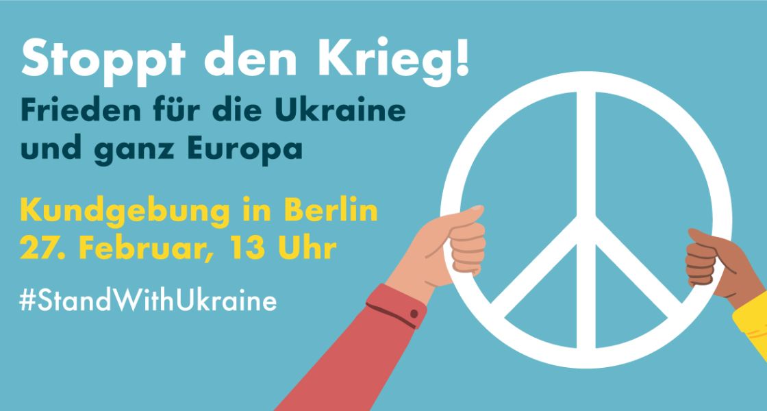 Friedenszeichen gehalten von zwei Händen Taxt Stoppt den Krieg! Frieden für die Ukraine und ganz Europa