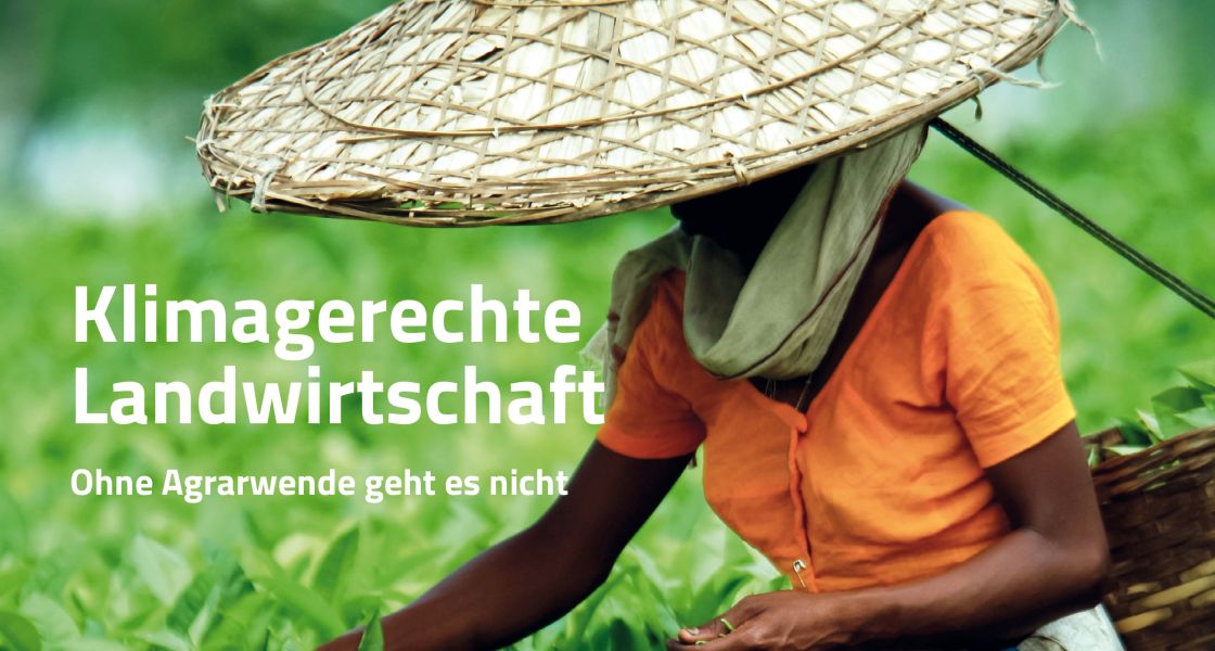 Das Cover des Südlink 199 zu Klimagerechte Landwirtschaft, auf dem eine Person zu sehen ist, die auf einem Feld Tee pflückt