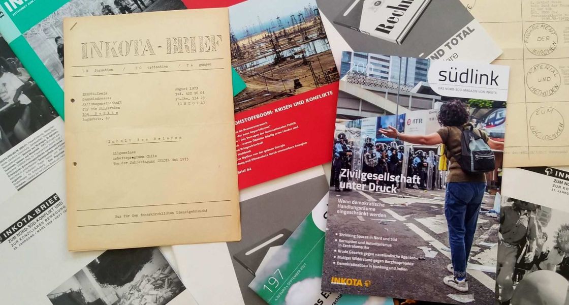 Collage aktueller und älterer Südlinks/INKOTA-Briefe Collage aktueller und älterer Südlinks/INKOTA-Briefe