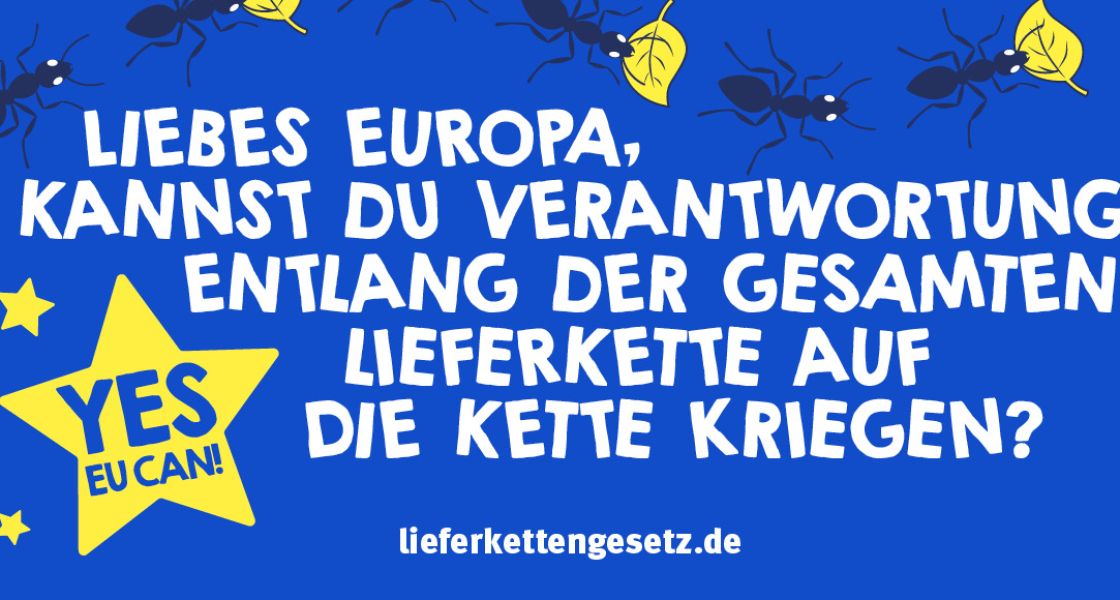 SharePic für YesEUcan-Kamapgne: Ameisenkette mit dem Text "Liebes Europa, kannst du Verantwortung entlang der gesamten Lieferkette auf die Kette kriegen?" lieferkettengesetz.de"