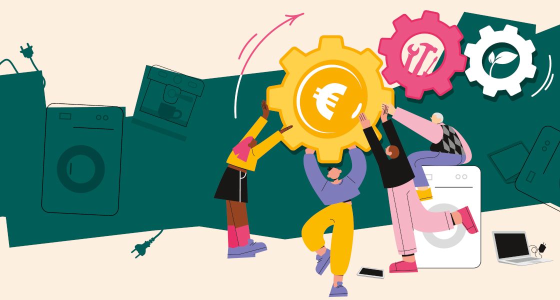 Reparaturbonus jetzt! Zeichnung mit Menschen die Zahnräder mit Euro-Zeichen in die Luft halten, einer sitzt auf einer Waschmaschine