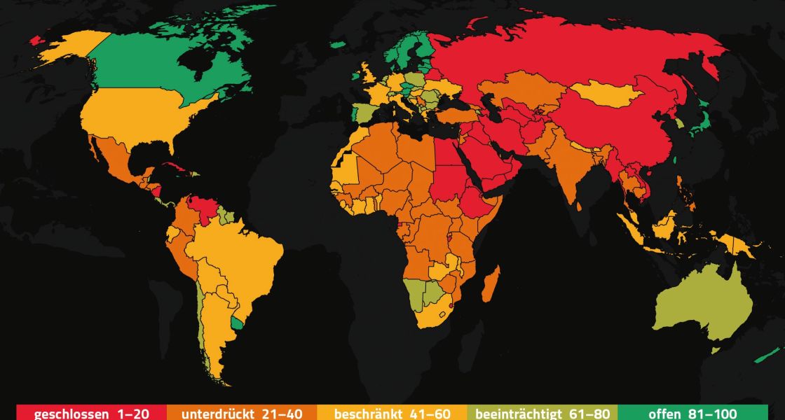 Die Weltkarte zeigt den Grad der Pressefreiheit in fünf Bewertungsstufen von 1 bis 100 Punkten. Länder mit sehr geringer Pressefreiheit (1–20 Punkte) gelten als „geschlossen“, gefolgt von „unterdrückt“ (21–40), „beschränkt“ (41–60), „beeinträchtigt“ (61–80) und „offen“ (81–100) mit hoher Pressefreiheit. EinigeLänder in Europa erreichen hohe Werte und gelten als weitgehend offen. In Teilen Asiens, des Nahen Ostens und einigen weiteren Staaten ist die Pressefreiheit stark eingeschränkt. 