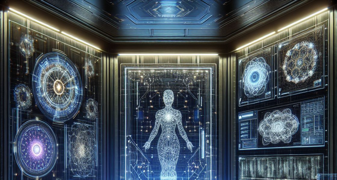 Futuristische Kontrollzentrale mit holografischer Menschenfigur und zahlreichen leuchtenden Displays; eine Person bedient ein digitales Steuerpult.