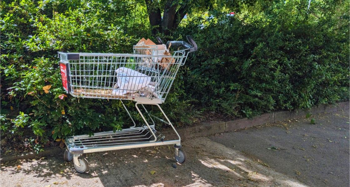Einkaufswagen mit Müll am Straßenrand in Berlin