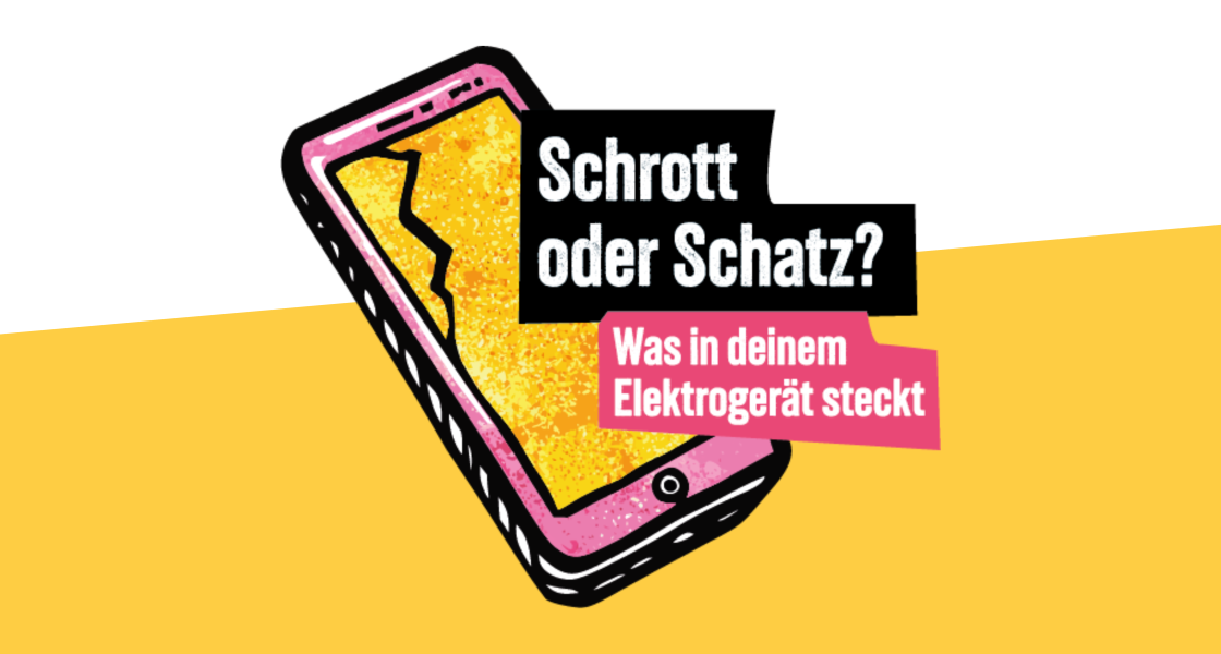 Grafik mit Smartphone und Text: Schrott oder Schatz? Was in deinem Elektrogerät steckt