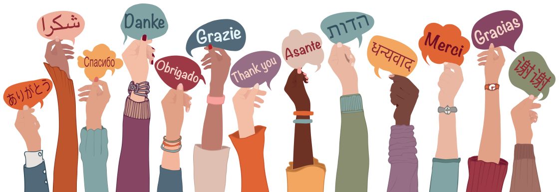 Ihre Spende kommt an! Gezeichnete Hände halten Schildchen und Sprechblasen mit der Aufschrift Danke in verschiedenen Sprachen in die Höhe