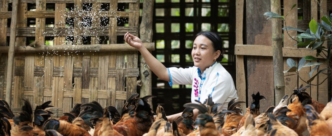 Eine Frau füttert Hühner