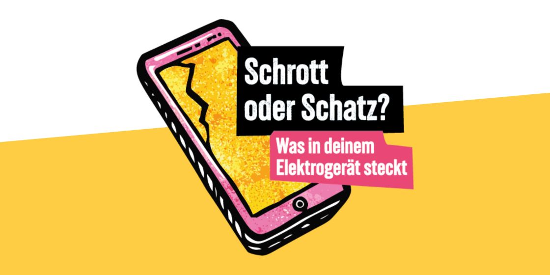 Grafik mit Smartphone und Text: Schrott oder Schatz? Was in deinem Elektrogerät steckt
