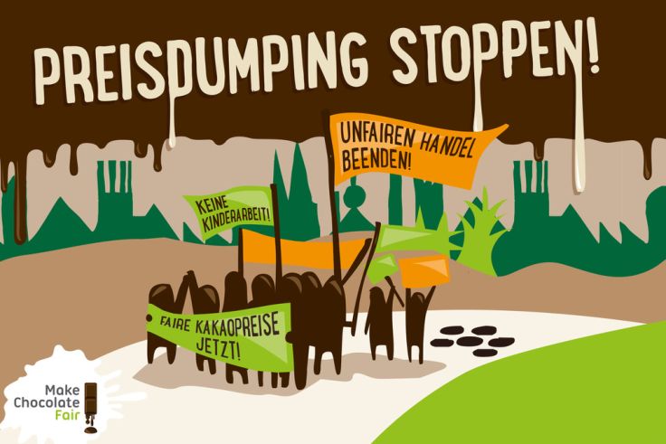 Eine Grafik auf der eine Gruppe Menschen als Schokolade eingefärbt für Fairen Handel demonstriert