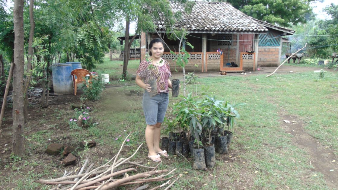 Baumsetzlinge. Danben eine Frau, die wiederum vor einem Haus steht