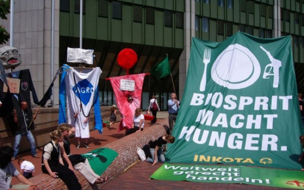 Aktivist*innen der Kampagne "Biosprit macht Hunger" demonstrieren