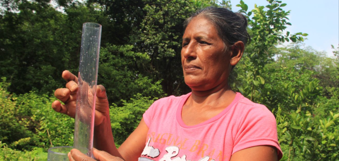 Eine Frau hält eine Regenwasser-Messtation in den Händen