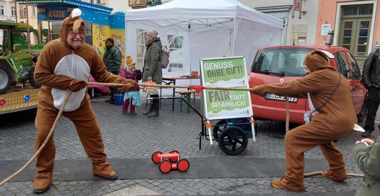 Ringen um faire Schokoalde? Die Osterhasen in Weimar zeigten vollen Einsatz.