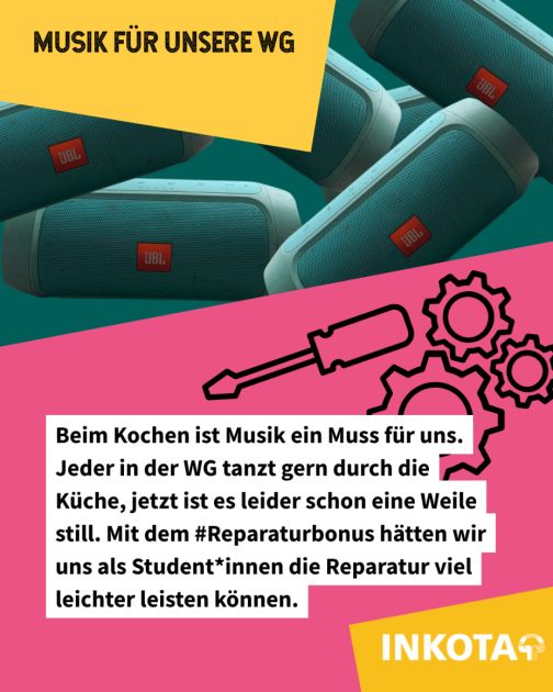 Beim Kochen ist Musik ein Muss für uns. Jeder in der WG tanzt gern durch die Küche, jetzt ist es leider schon eine Weile still. Mit dem #Reparaturbonus hätten wir uns als Student*innen die Reparatur viel leichter leisten können.