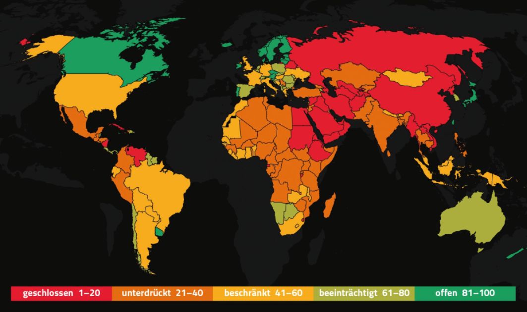 Die Weltkarte zeigt den Grad der Pressefreiheit in fünf Bewertungsstufen von 1 bis 100 Punkten. Länder mit sehr geringer Pressefreiheit (1–20 Punkte) gelten als „geschlossen“, gefolgt von „unterdrückt“ (21–40), „beschränkt“ (41–60), „beeinträchtigt“ (61–80) und „offen“ (81–100) mit hoher Pressefreiheit. EinigeLänder in Europa erreichen hohe Werte und gelten als weitgehend offen. In Teilen Asiens, des Nahen Ostens und einigen weiteren Staaten ist die Pressefreiheit stark eingeschränkt. 