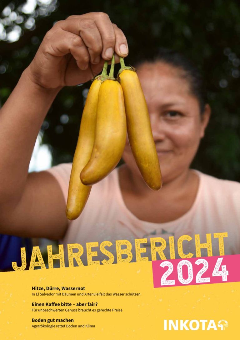 Agrarökologie in El Salvador: Bäuerin hält gelbe Auberginen in der Hand Titel Jahresbericht 2024: Bäuerin hält gelbe Auberginen in der Hand