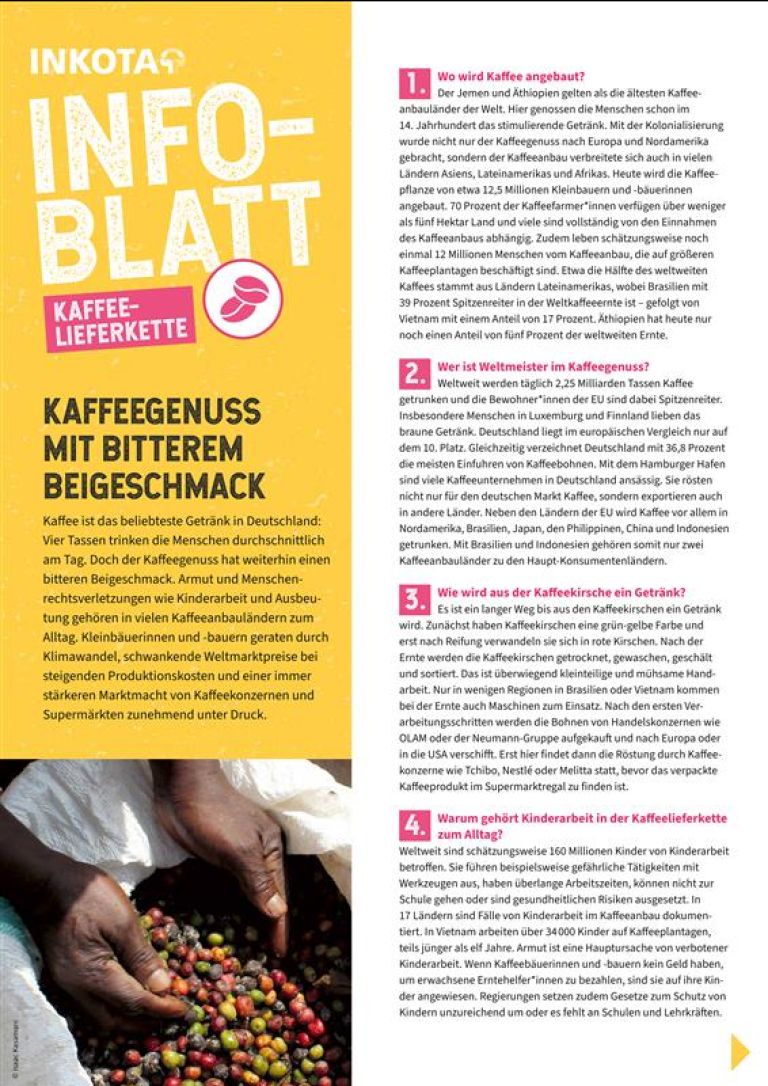 Infografik mit dem Titel „INKOTA Infoblatt Kaffeelieferkette“. 