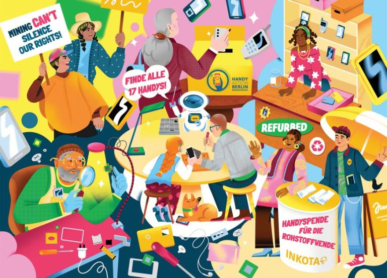 Illustration zur nachhaltigen Smartphone-Nutzung: Menschen demonstrieren gegen Rohstoffabbau, reparieren Handys im Repair-Café, kaufen refurbished Smartphones und fördern Recycling, Kreislaufwirtschaft und digitale Nachhaltigkeit im Alltag.