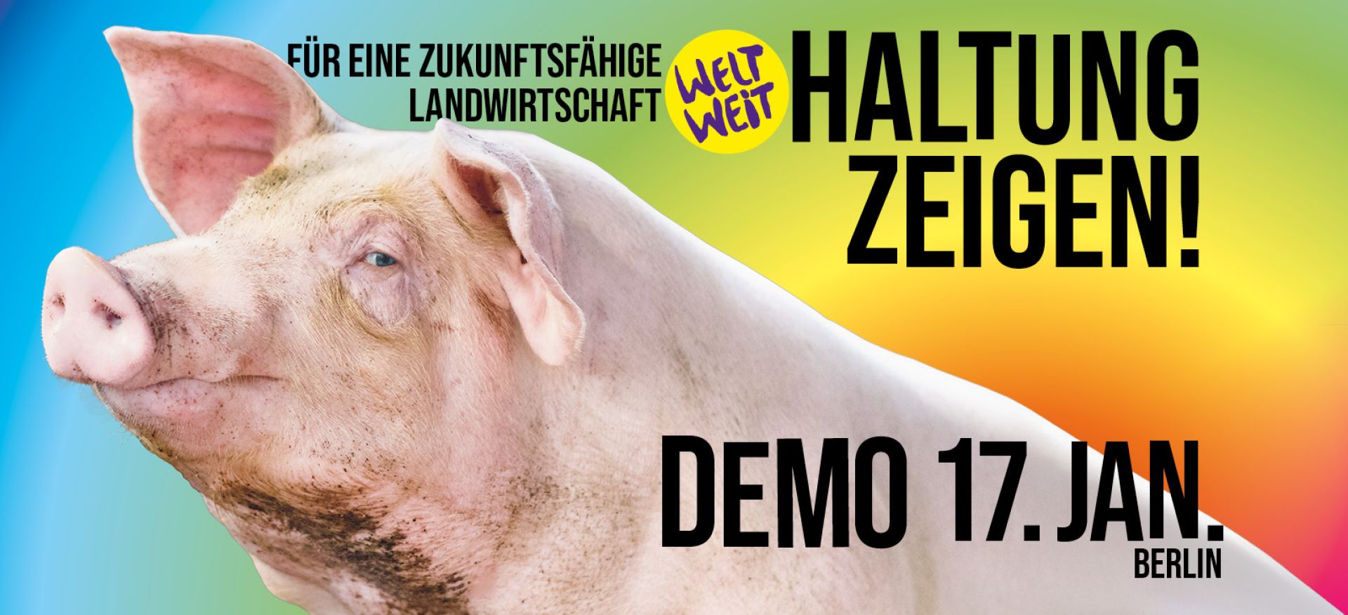 Plakat mit Schwein und Text: Für eine zukunftsfähige Landwirtschaft Weltweit. Haltung zeigen! Demo 17. Januar, Berlin