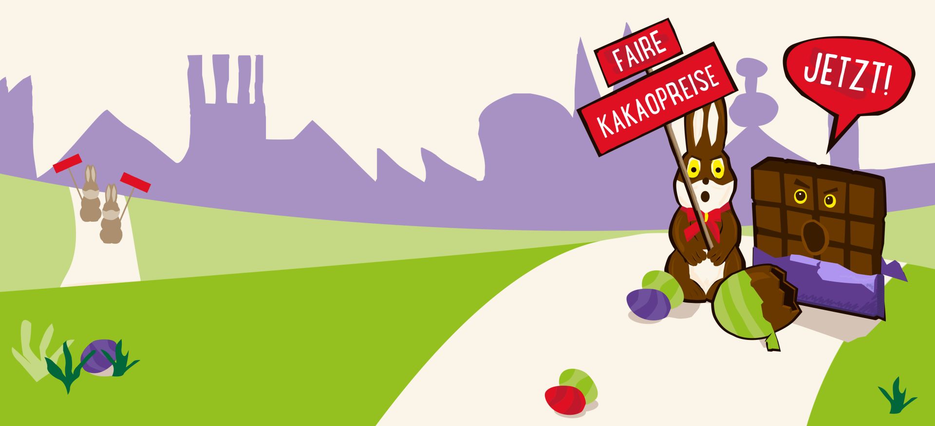 Gezeichneter Osterhase und Schokoladentafel protestieren: Faire Kakaopreise jetzt!