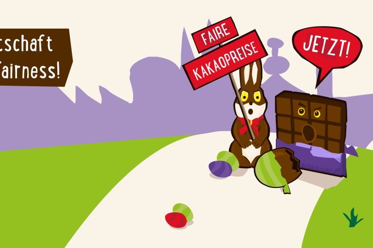 Zeichnung eines Schokoladen-Osterhasen under einer Schokoladentafel, die mit Protestschilder "Faire Kakaopreise jetzt!" fordern. Text: Landwirtschaft braucht Fairness!