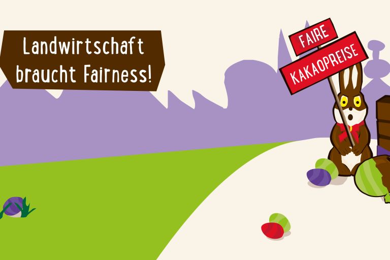 Zeichnung eines Schokoladen-Osterhasen under einer Schokoladentafel, die mit Protestschilder "Faire Kakaopreise jetzt!" fordern. Text: Landwirtschaft braucht Fairness!
