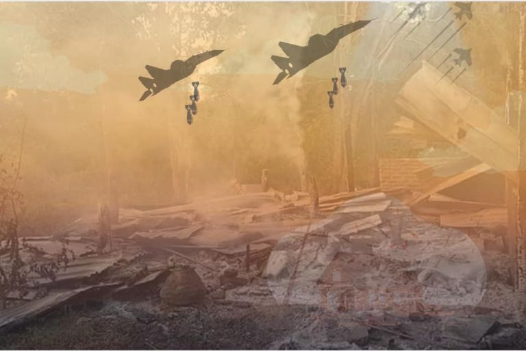 Bildcollage, die zerstörte Gebäude und Kampfflugzeuge, die Bomben abwerfen zeigt