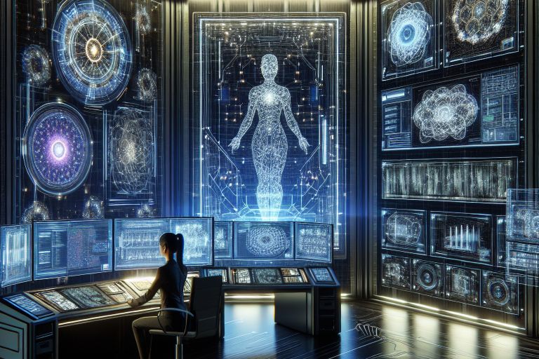 Futuristische Kontrollzentrale mit holografischer Menschenfigur und zahlreichen leuchtenden Displays; eine Person bedient ein digitales Steuerpult.