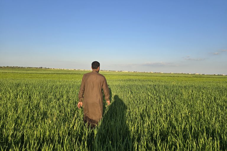 Foto von einem Mann in traditioneller syrischer Kleidung in Rückansicht auf einem Feld