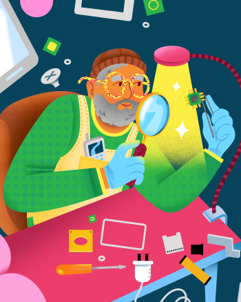 Grafik die eine Person mit Bart, Brille und Mütze und Lupe in der Hand zeigt, die ein Handy in seine Bestandteile zerlegt. 